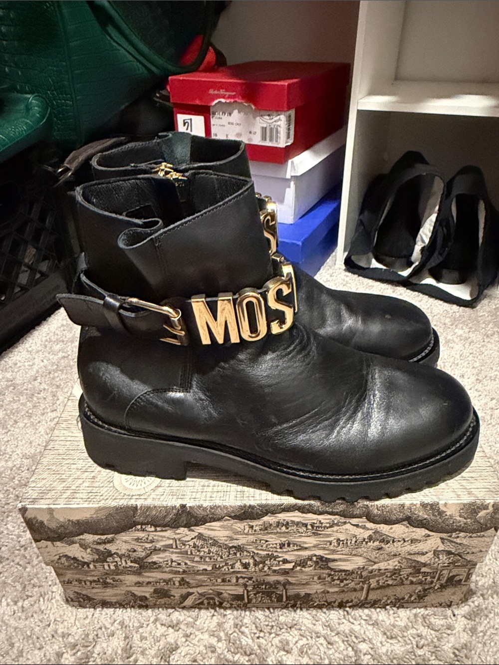 Moschino Black Leather Ankle Boots with Gold Logo Band